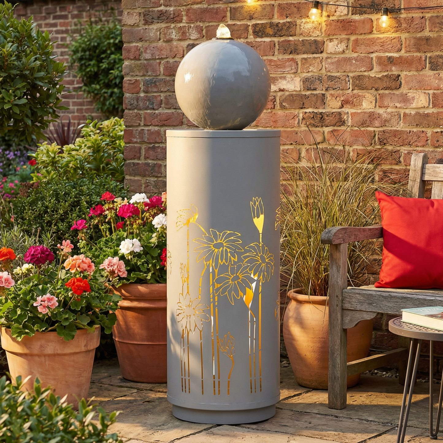 34.25"H Light Gray Metal Sphere-Top Fountain with LED Lights