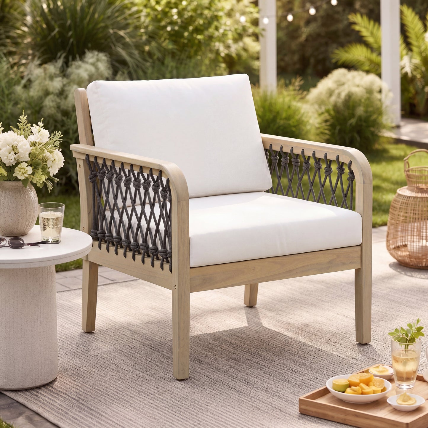 Outdoor Acacia Wood Club Chair with Handwoven Rope