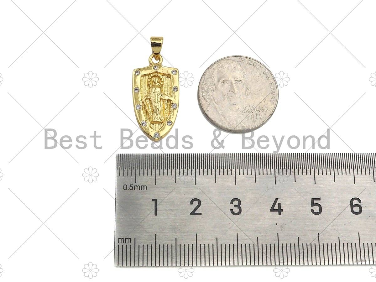 CZ Micro Pave Embossed Jesus/Virgin Mary On Shield Shape Pendant, 18K Gold Religion Charm, Necklace Bracelet Charm Pendant,12x24mm,Sku#LK308
