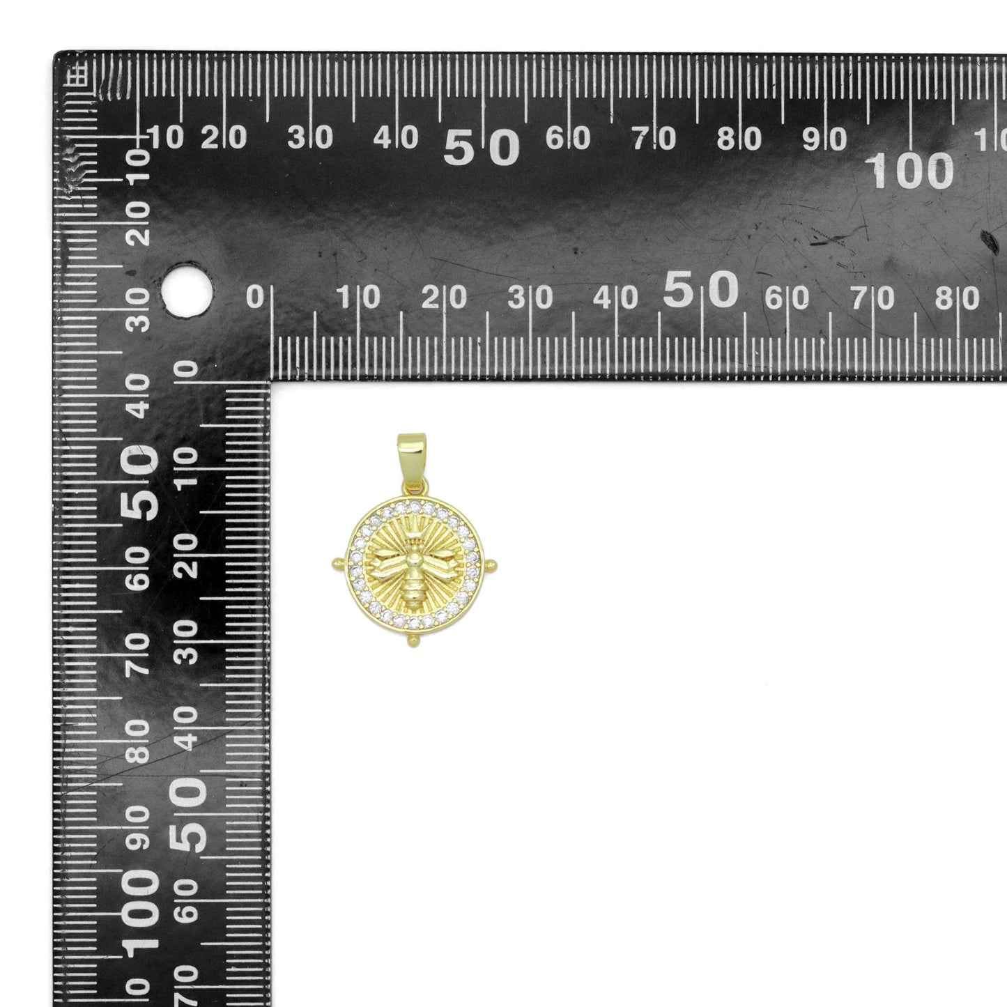 Clear CZ Around Gold Insect Bee On Round Coin Charm Pendant, Sku#LX764