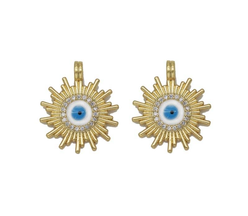 Gold CZ Enamel Evil Eye On Sunburst Charm, Sku#LX83