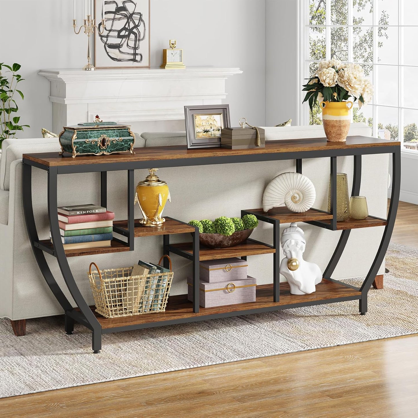 70.9” Industrial Console Sofa Table with 7-Tier Storage Shelves