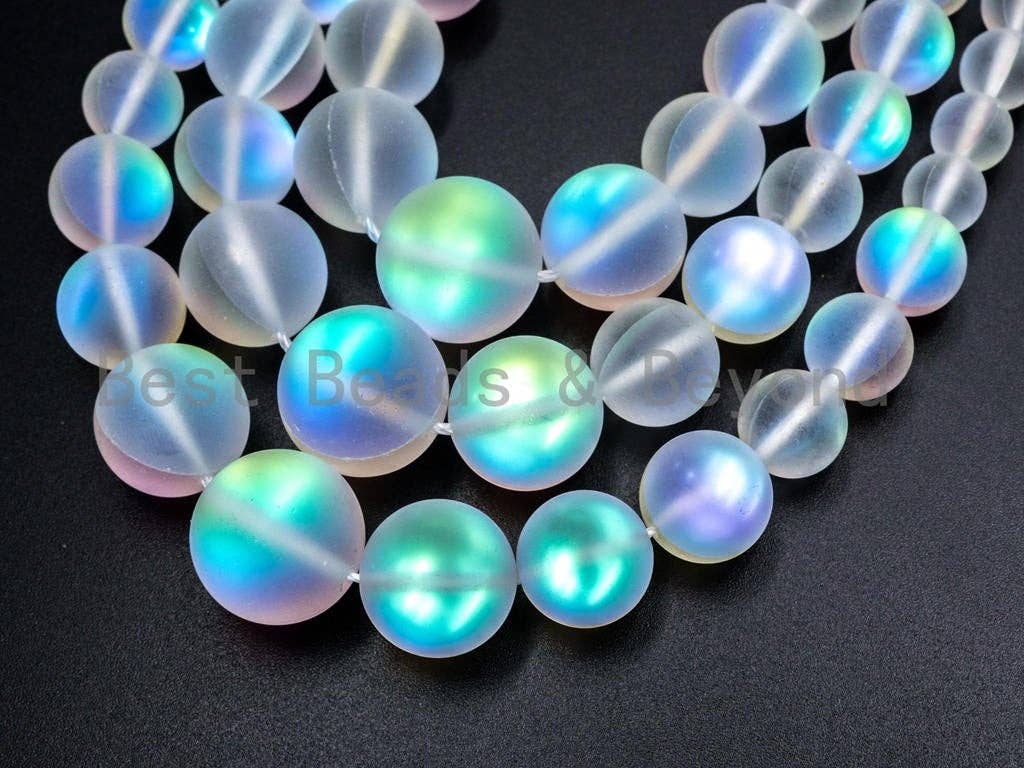 Matte Rainbow Manmade Moonstone Graduated Strand, 6mm-16mm Round Matte White beads, Aura Moonstone Beads ,15.5inch FULL strand, SKU#U79