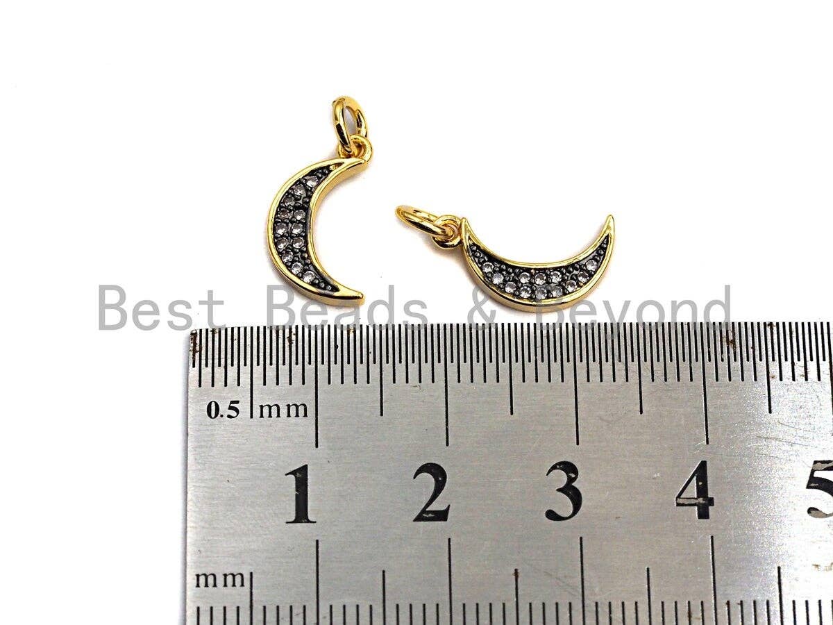 Clear Black CZ Micro Pave Crescent Moon Pendant, Cubic Zirconia Pendant, 24K Gold Tone, 7x14mm, Sku#Z489