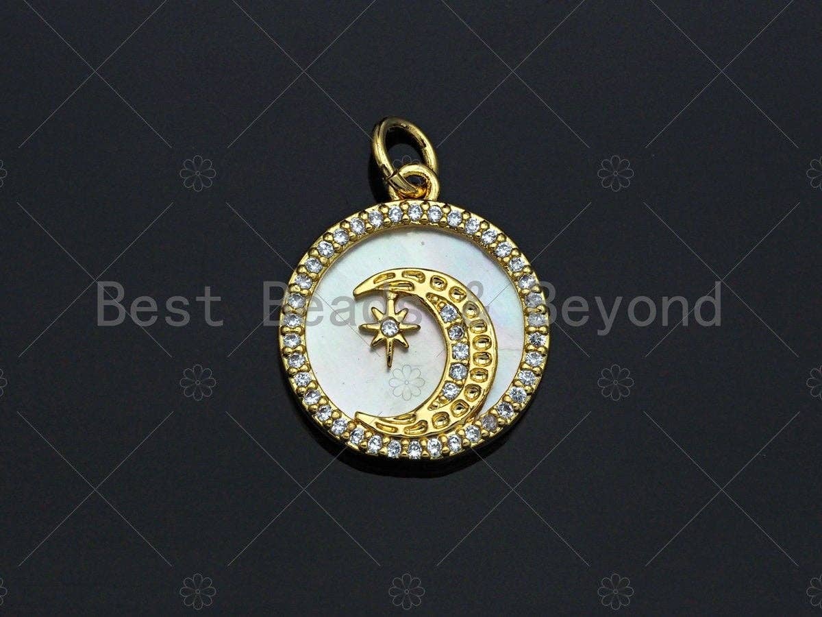 18K Gold CZ Micro Pave Moon Star Inlay Mother-of-pearl Pendant Charm, Cubic Zirconia Moon Star Charm, 16mm, sku#Z1134