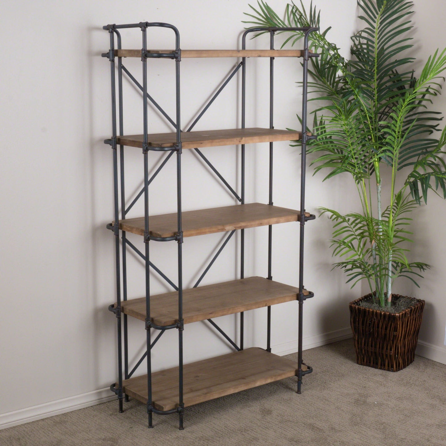 Yorktown Industrial 5 Shelf Bookcase with Metal Pipework and Solid Fir - Natural