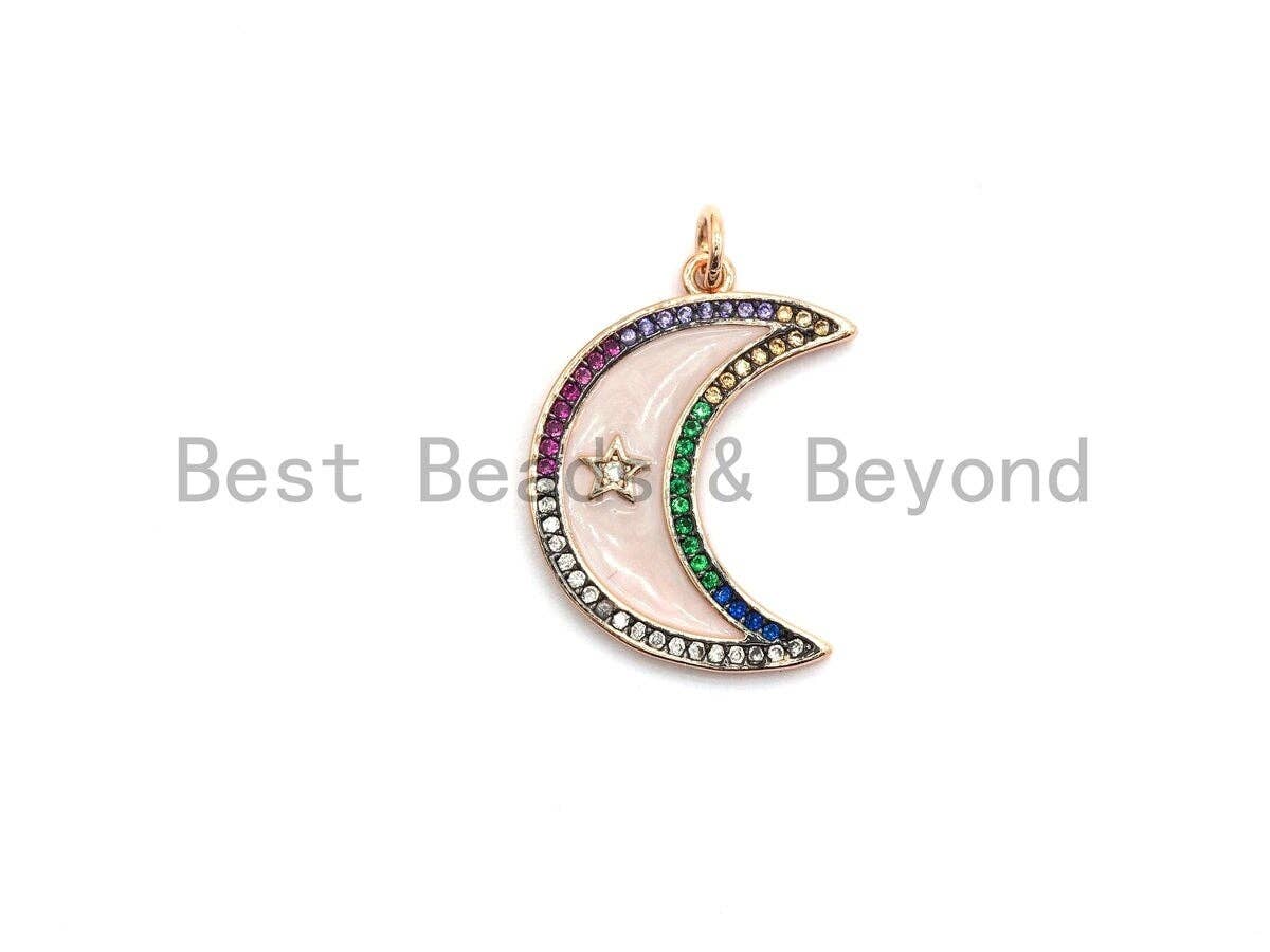 NEW Enamel Crescent moon With Star Pendant,CZ Micro Pave Oil Drop Moon Star pendant,Enamel Charm,Enamel Jewelry,18x25mm,sku#F657