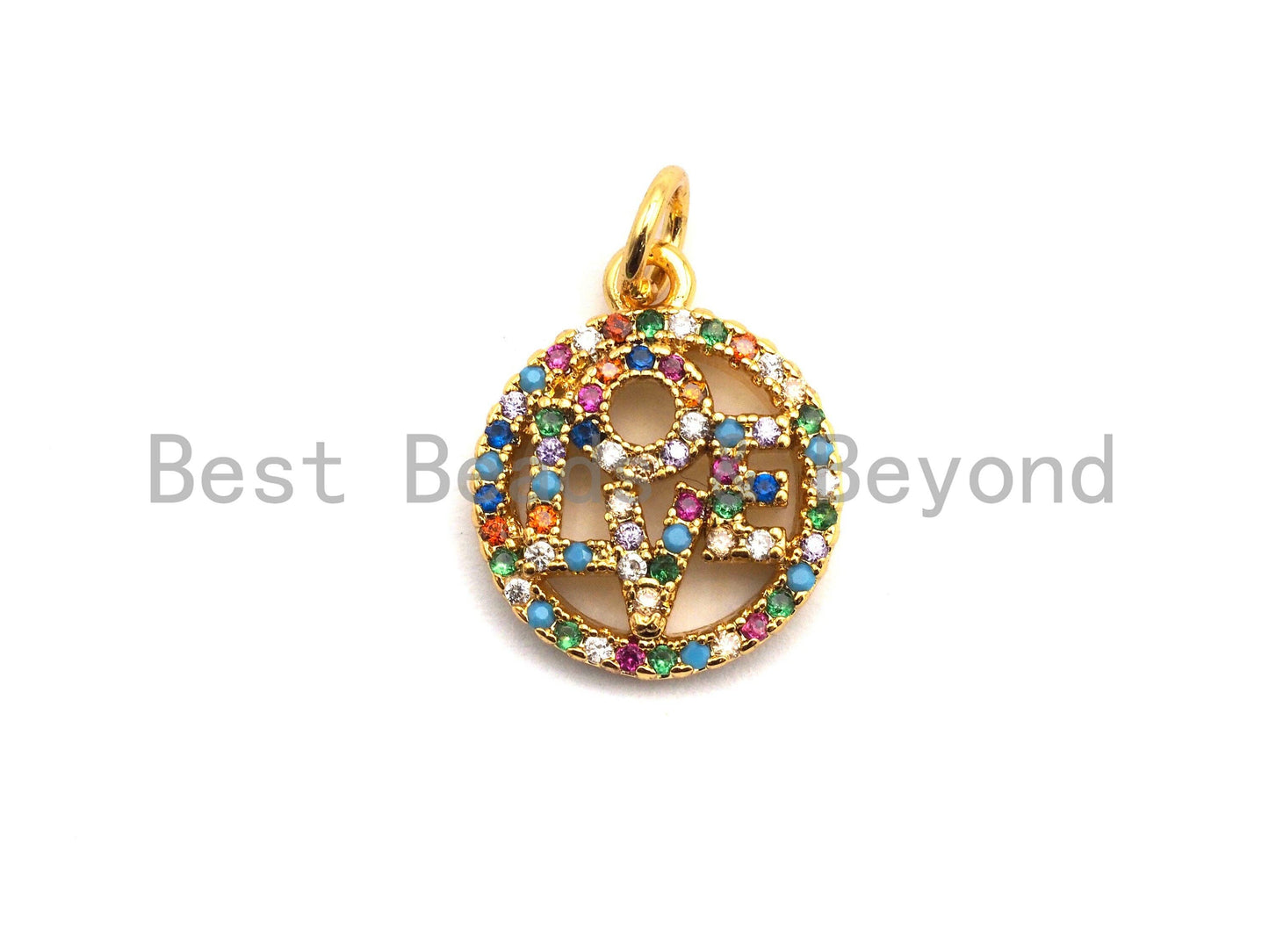 CZ Colorful Micro Pave Round With LOVE Pendant, Round Shaped Pave Pendant, Gold plated, 13x15mm, Sku#F840