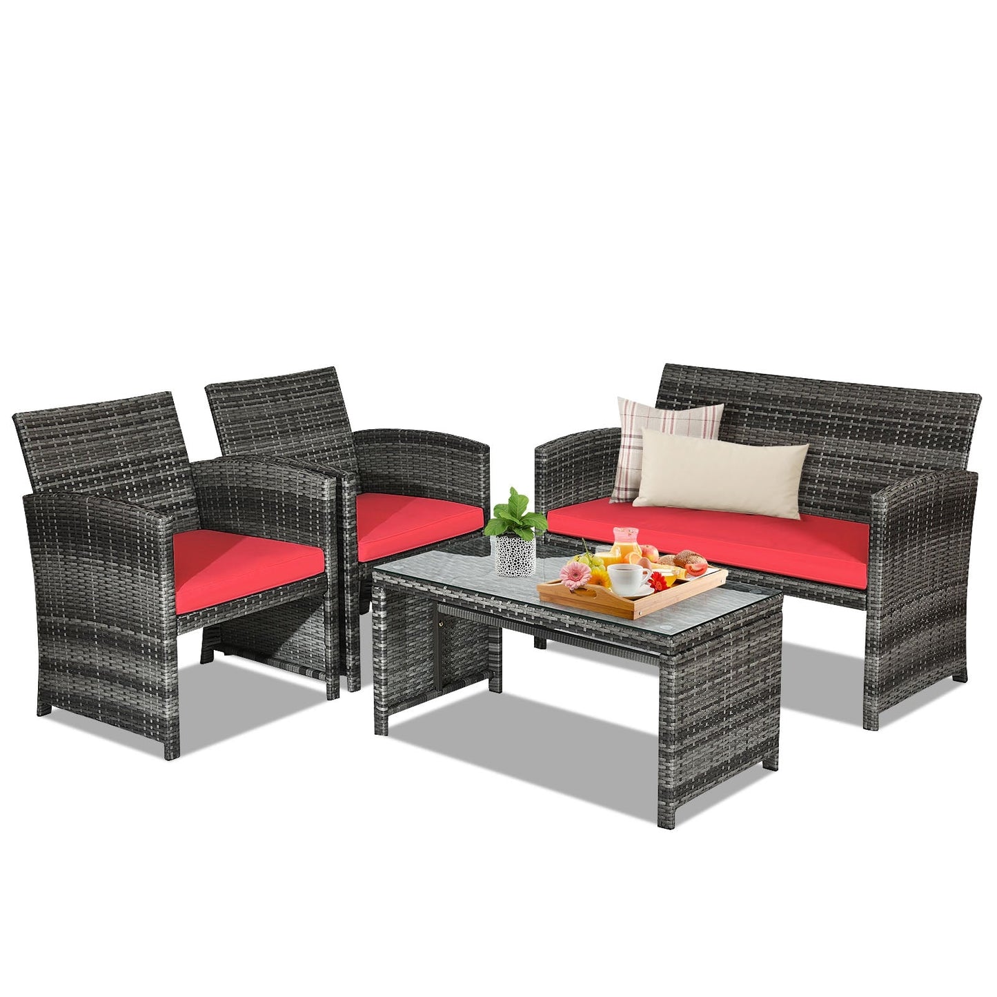 4 Pieces Patio Rattan Furniture Set with Glass Table and Loveseat-Gray