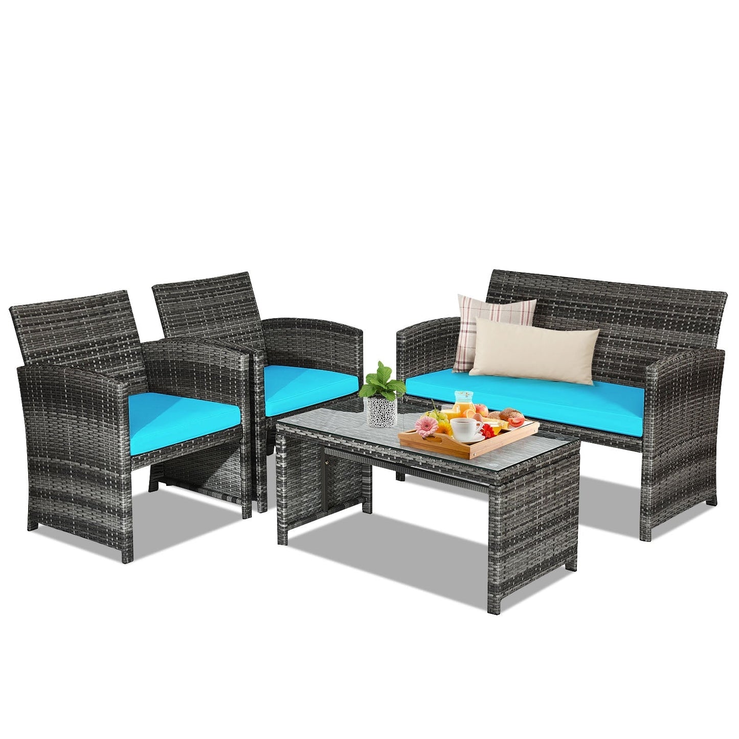 4 Pieces Patio Rattan Furniture Set with Glass Table and Loveseat-Gray