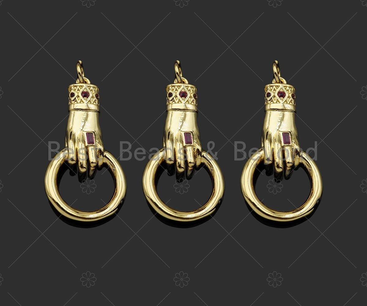 Gold Filled Fuchsia CZ Micro Pave Hand Grabing Round Ring Shape Pendant,18K Gold Filled Charm, Necklace Bracelet Pendant, 28x15mm,Sku#Z1369