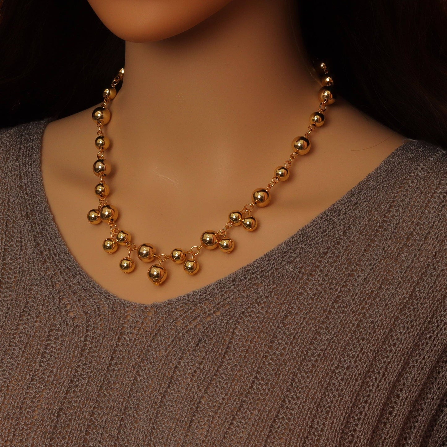 Gold Silver Dangle Ball Link Adjustable Necklace, Sku#A429
