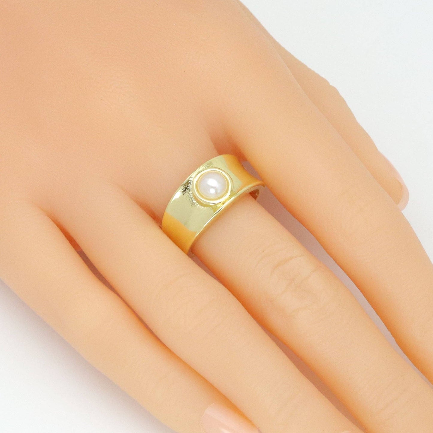 Gold Band with White Pearl Adjustable Ring, Sku#LK1054
