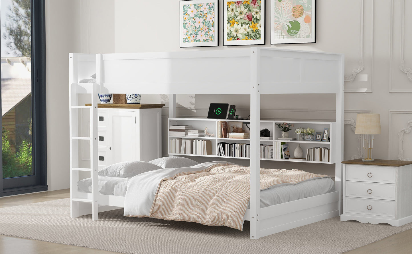 Queen Over Queen Bunk Bed with Storage Cabinets and USB Ports