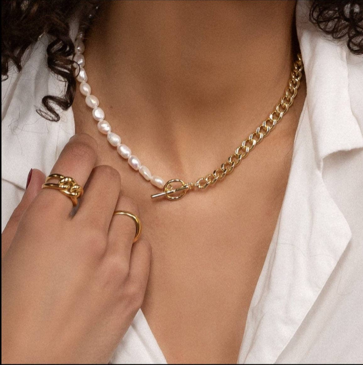 Freshwater Pearl Gold Curb Cuban Chain Necklace, Sku#EF212