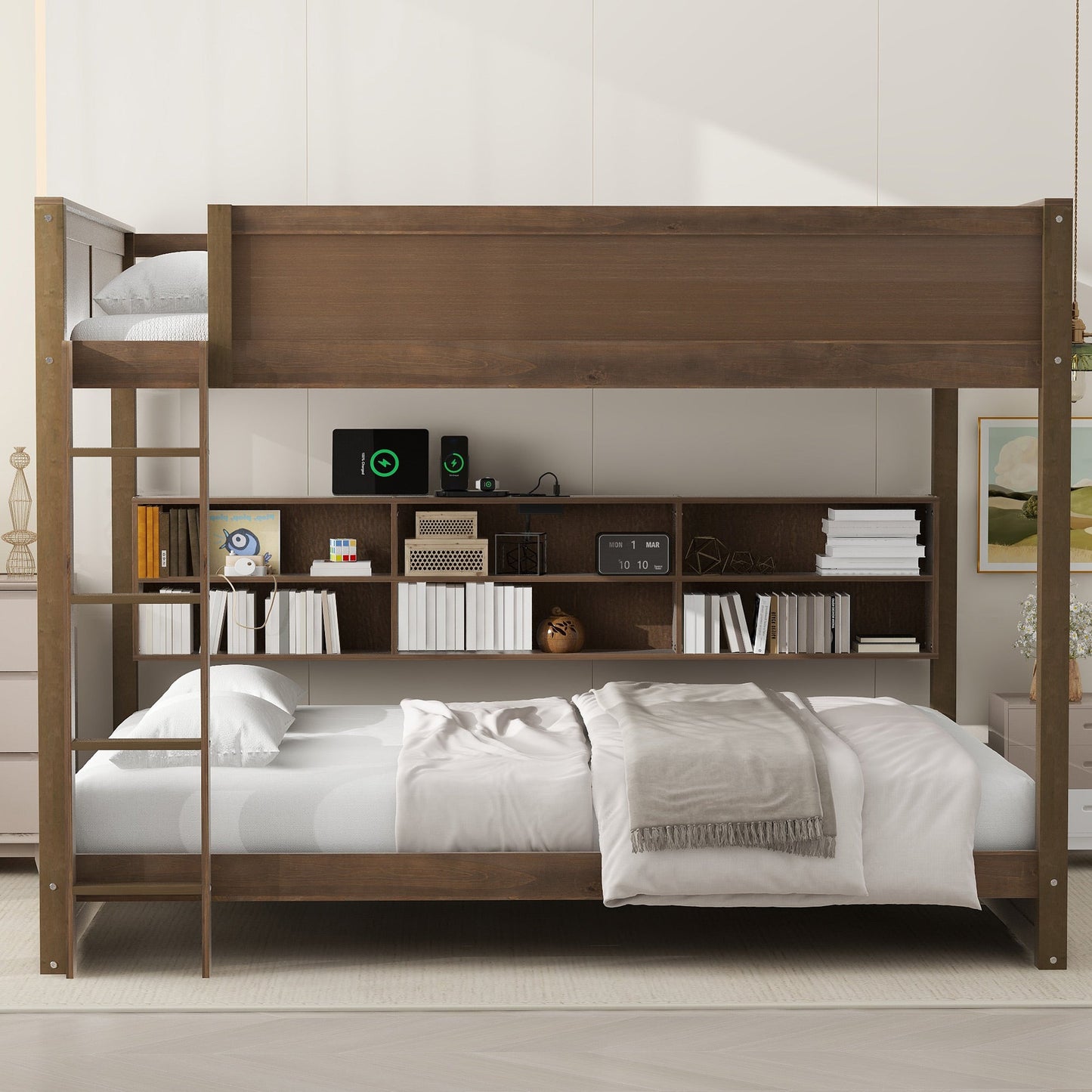 Queen over Queen Bunk Bed with Storage Cabinets and USB Ports