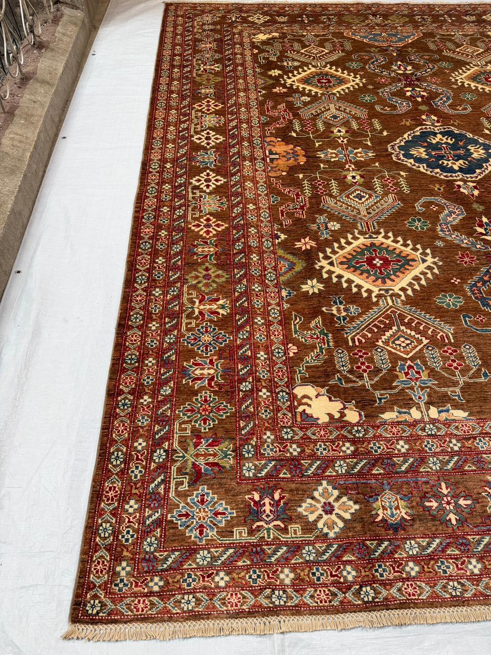 Hand-Knotted Vegetable Dye Kazak Rug from Pakistan,  9' 3" x 12'