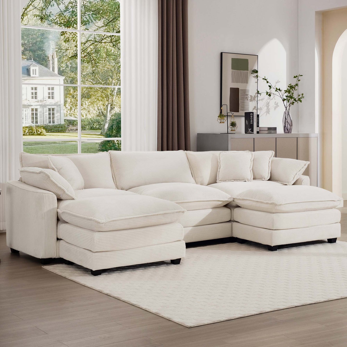 Oversized Modular Cushion Sofa With Ottomans, Comfy Upholstered U Shaped Convertible Corner Sectional Sofa Couch - Light