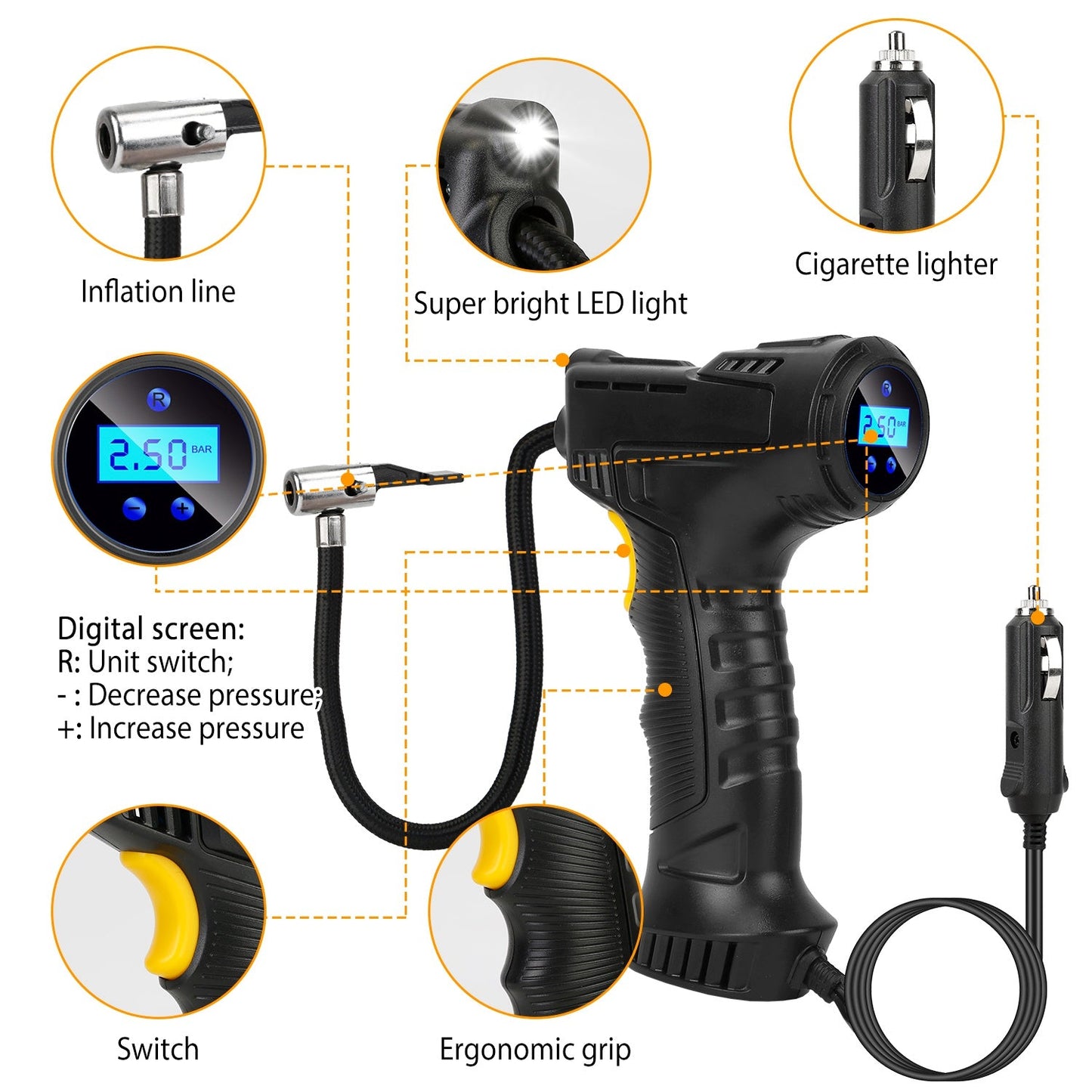 Portable Car Tire Inflator for Auto Use and Quick Inflate