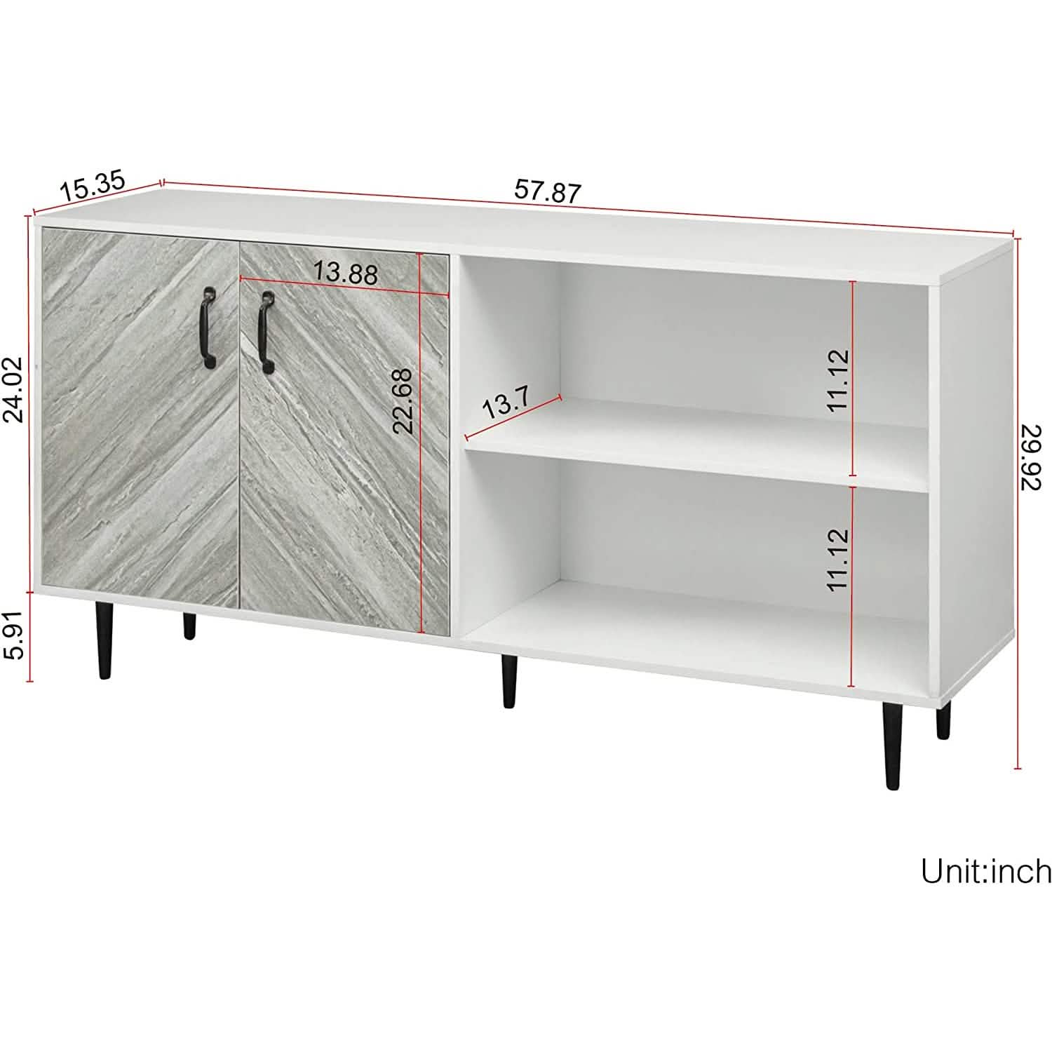 Meuble bas avec 2 portes et 3 étagères ouvertes
