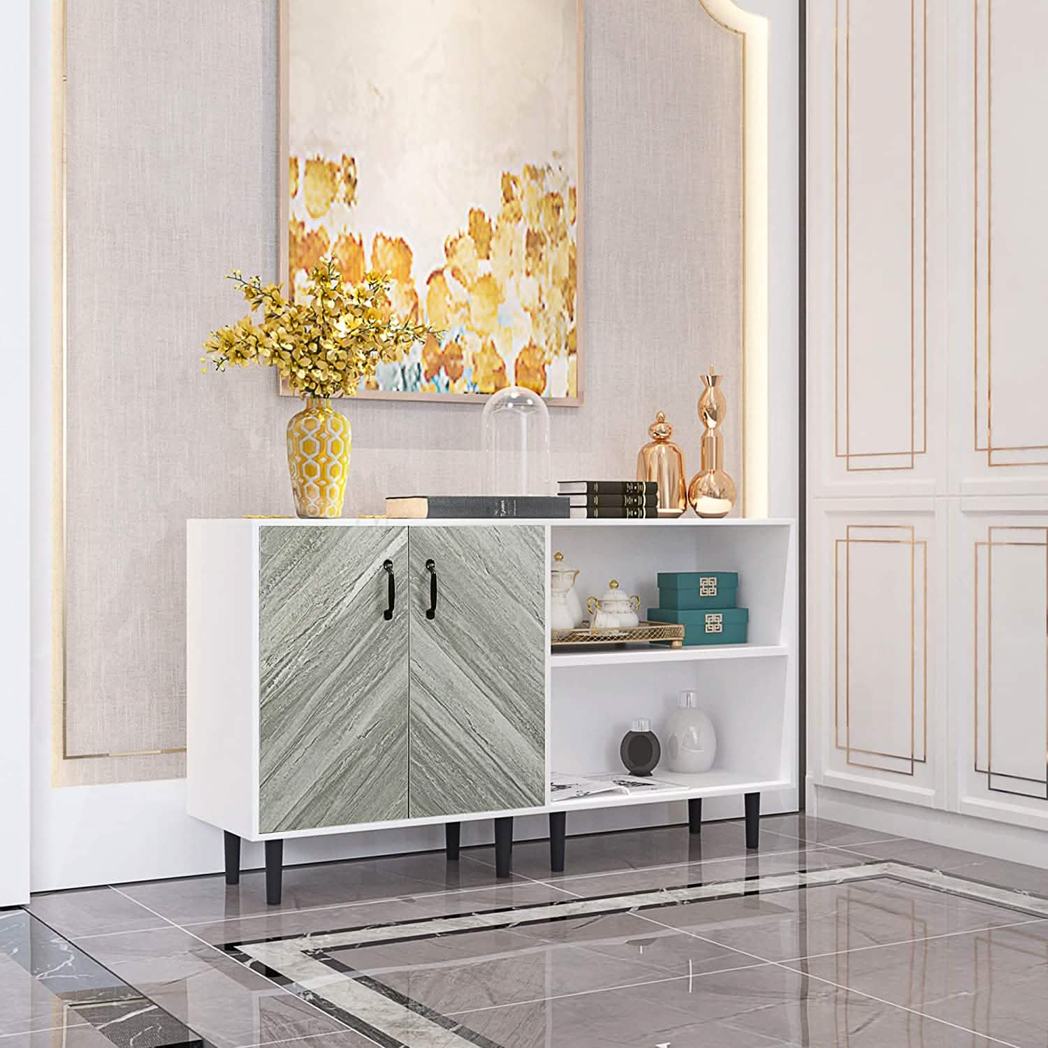 Meuble bas avec 2 portes et 3 étagères ouvertes