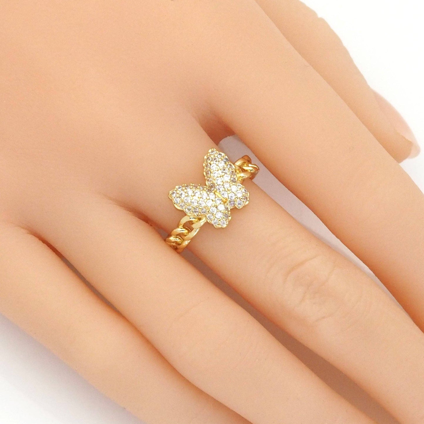 Gold Clear CZ Puffy Butterfly Adjustable Ring, Sku#LK875