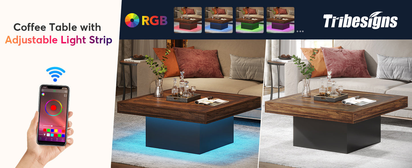 35.4 Inches Farmhouse Square LED Coffee Table – Rustic