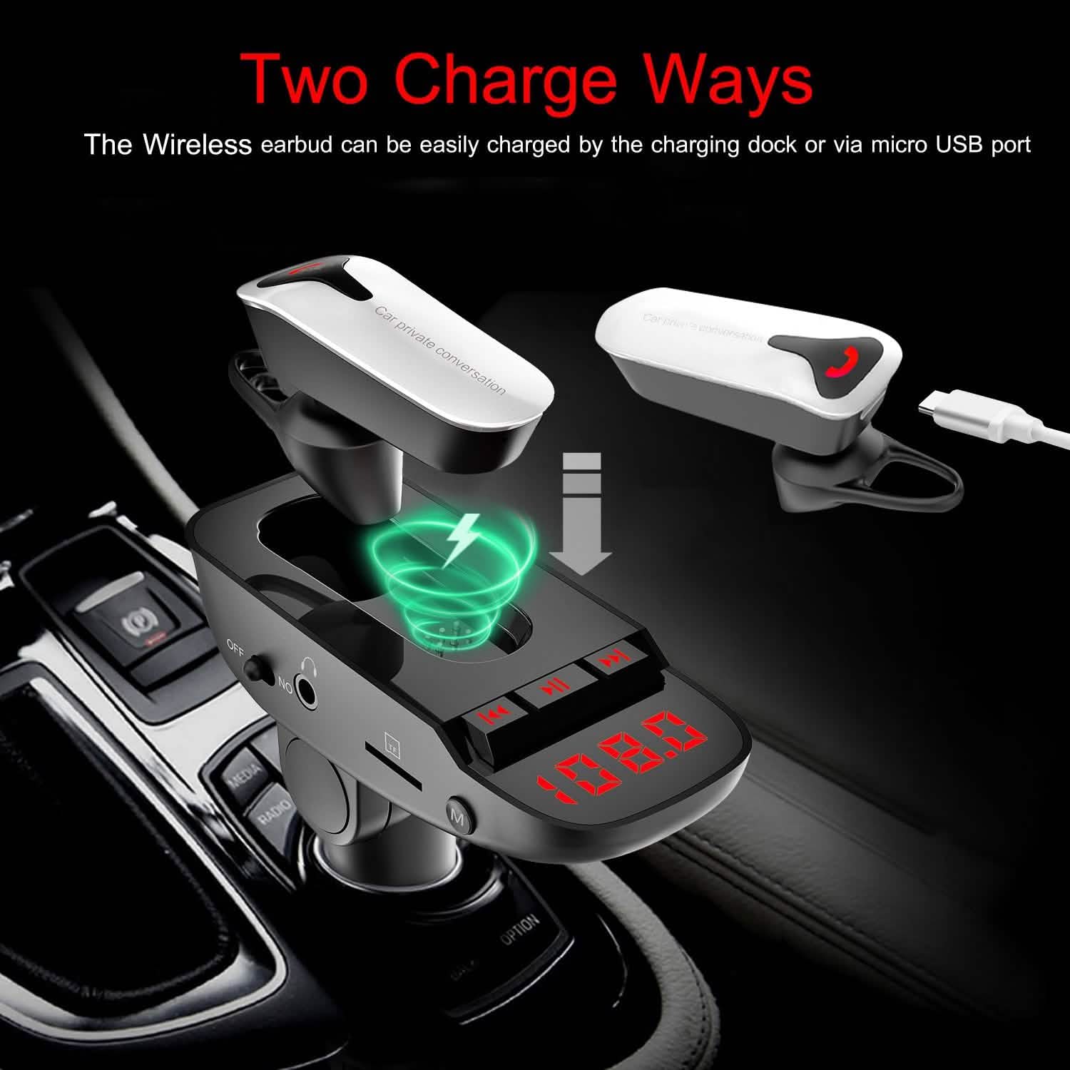 Transmetteur FM de voiture avec écouteur sans fil et 2 ports de charge USB