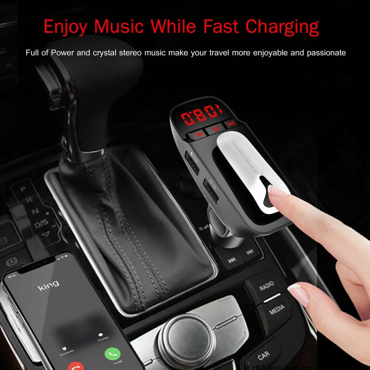 Transmetteur FM de voiture avec écouteur sans fil et 2 ports de charge USB