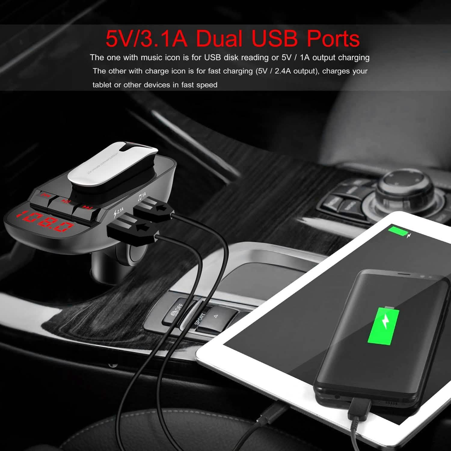Transmetteur FM de voiture avec écouteur sans fil et 2 ports de charge USB