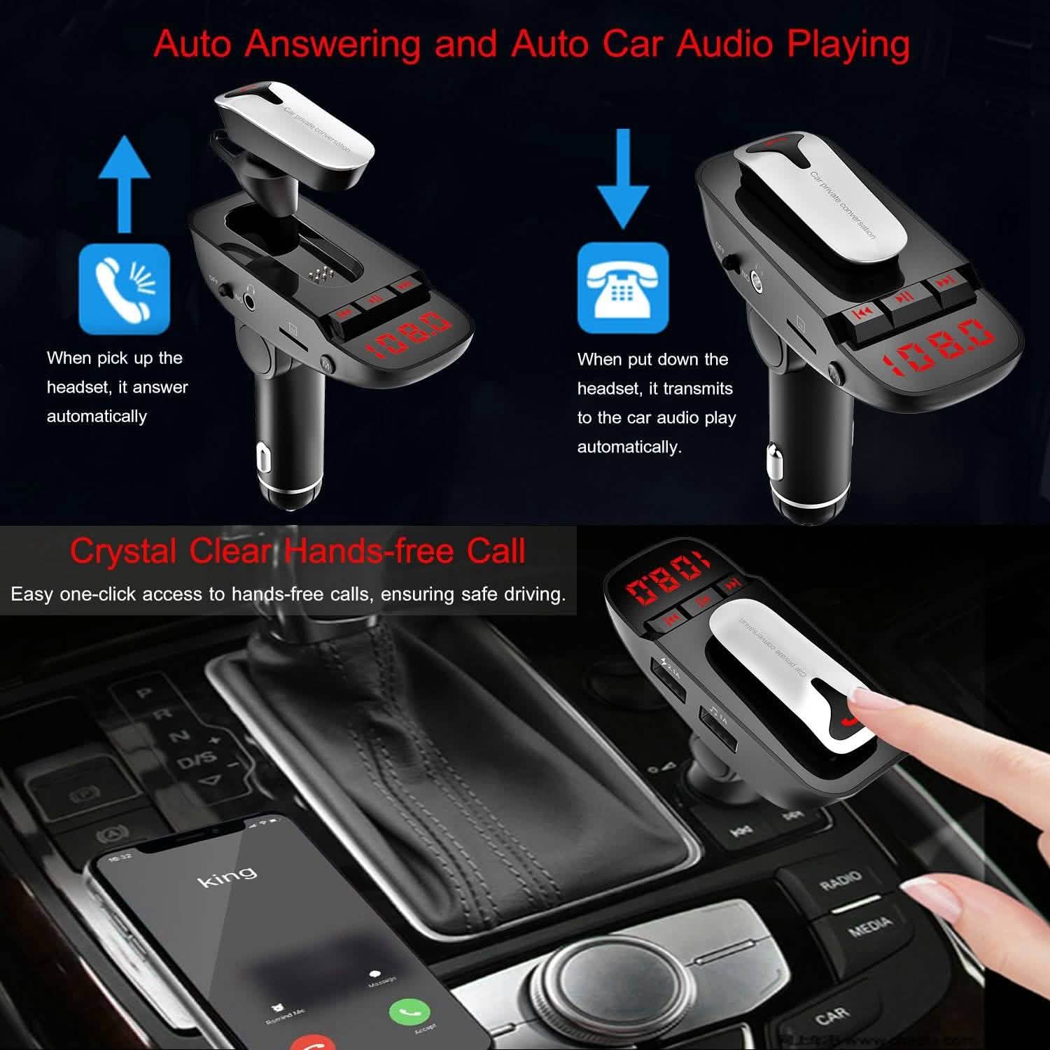 Transmetteur FM de voiture avec écouteur sans fil et 2 ports de charge USB