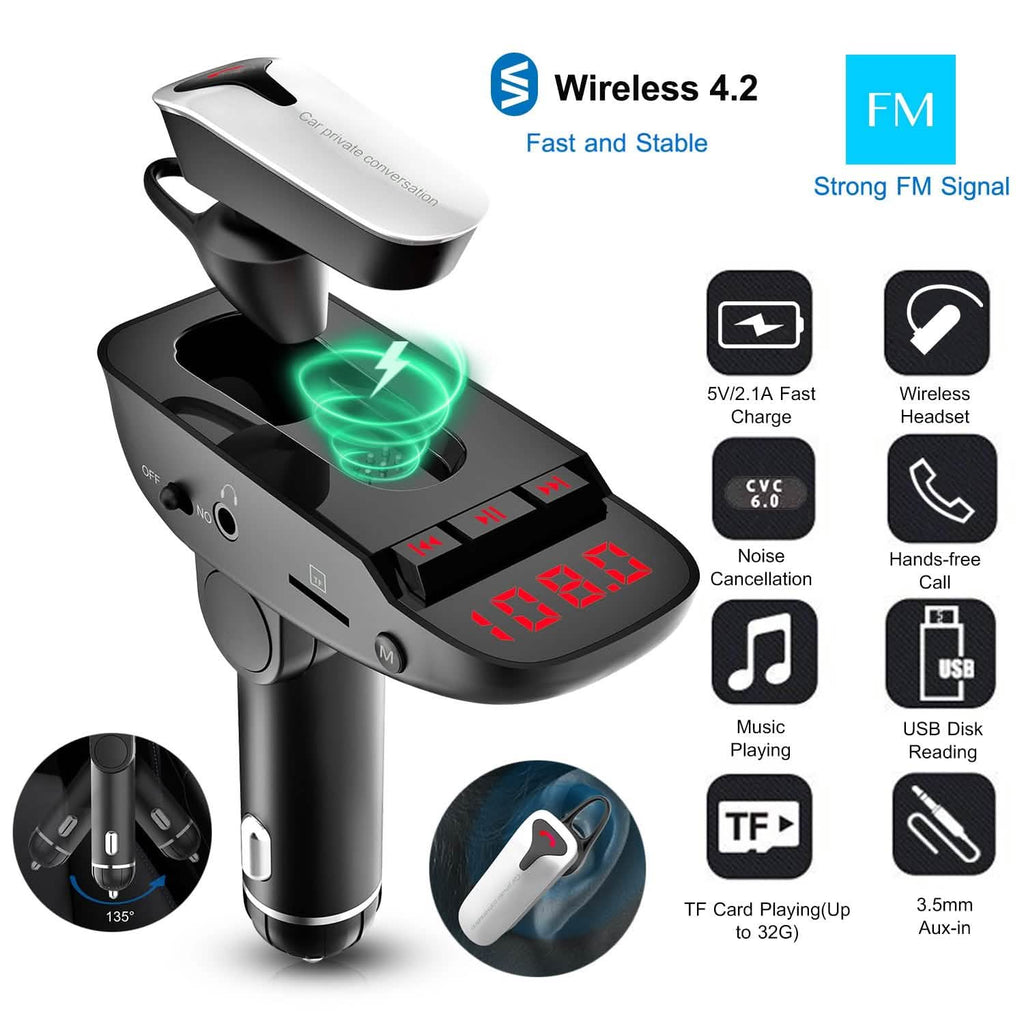 Transmetteur FM de voiture avec écouteur sans fil et 2 ports de charge USB