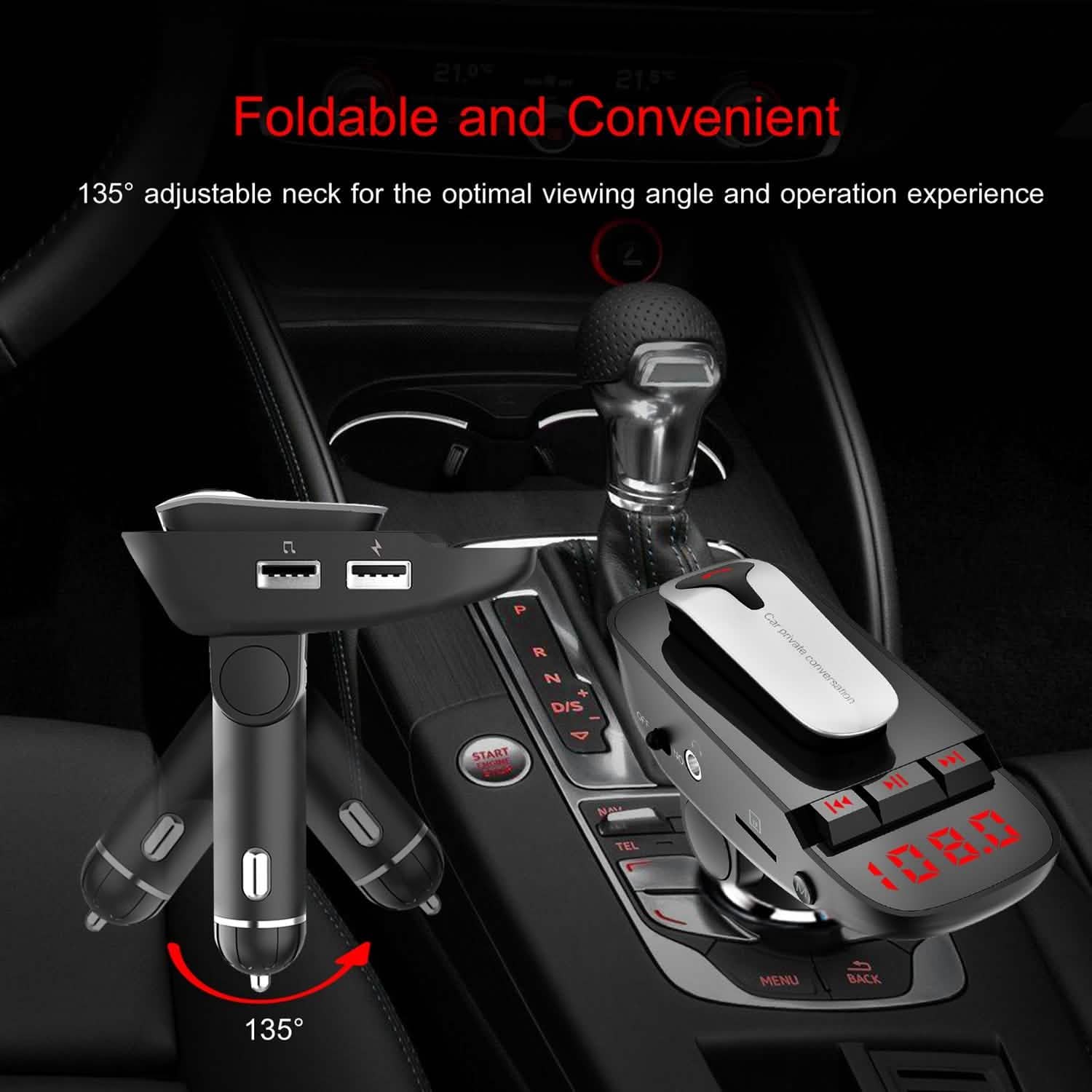 Transmetteur FM de voiture avec écouteur sans fil et 2 ports de charge USB