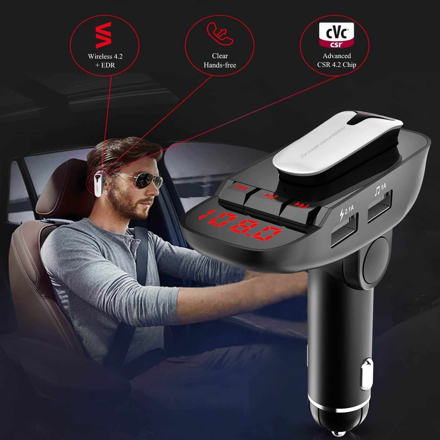 Transmetteur FM de voiture avec écouteur sans fil et 2 ports de charge USB