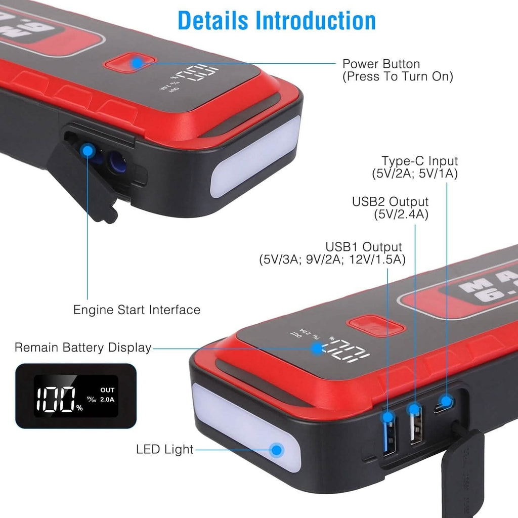 Démarreur de voiture 2500 A en crête 25800 mAh Chargeur de batterie Externe
