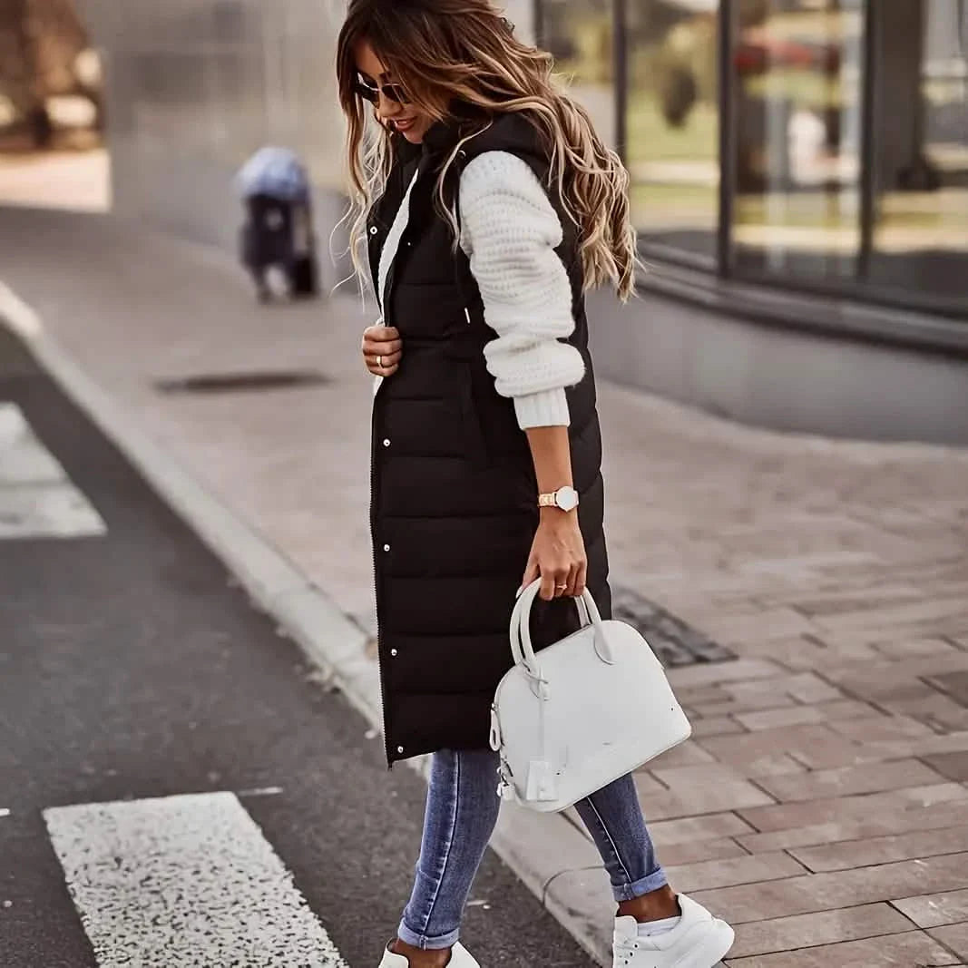 Casual Sleeveless Long Button Front Hooded Coat Outerwear