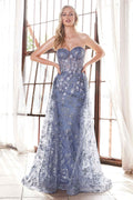 Ladivine CB046 Strapless Fitted Gown Floral Applique And Glitter Tulle Overskirt