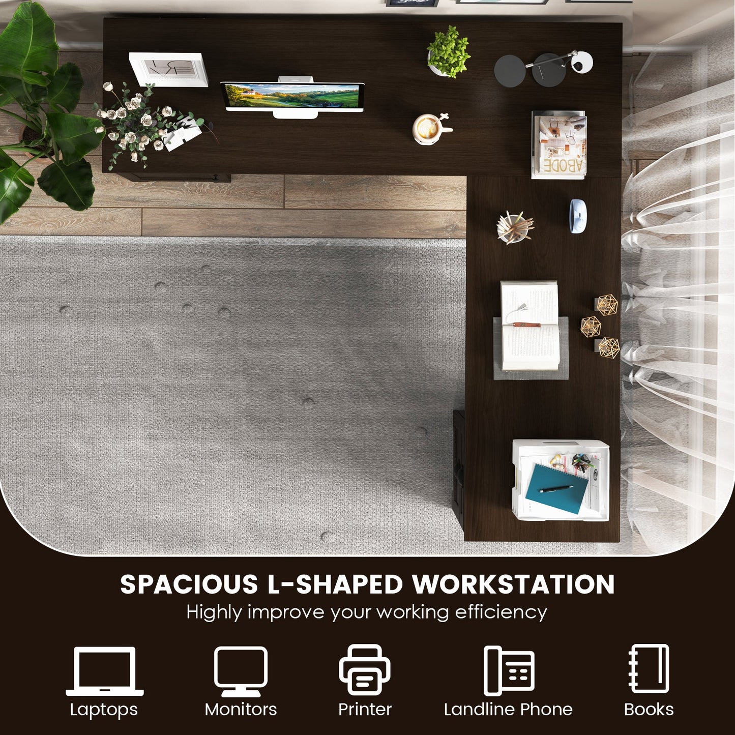 66 Inch L-Shaped Writing Study Workstation Computer Desk with Drawers-Coffee