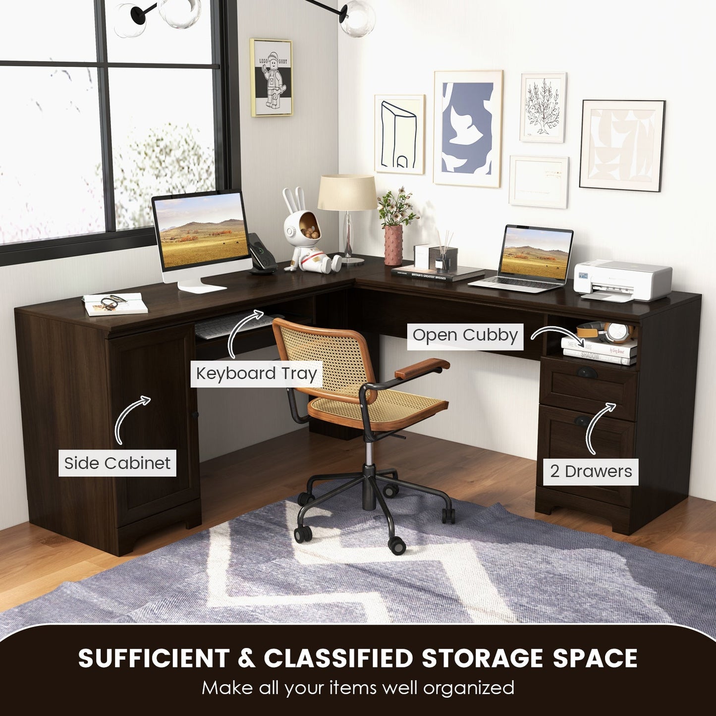 66 Inch L-Shaped Writing Study Workstation Computer Desk with Drawers-Coffee