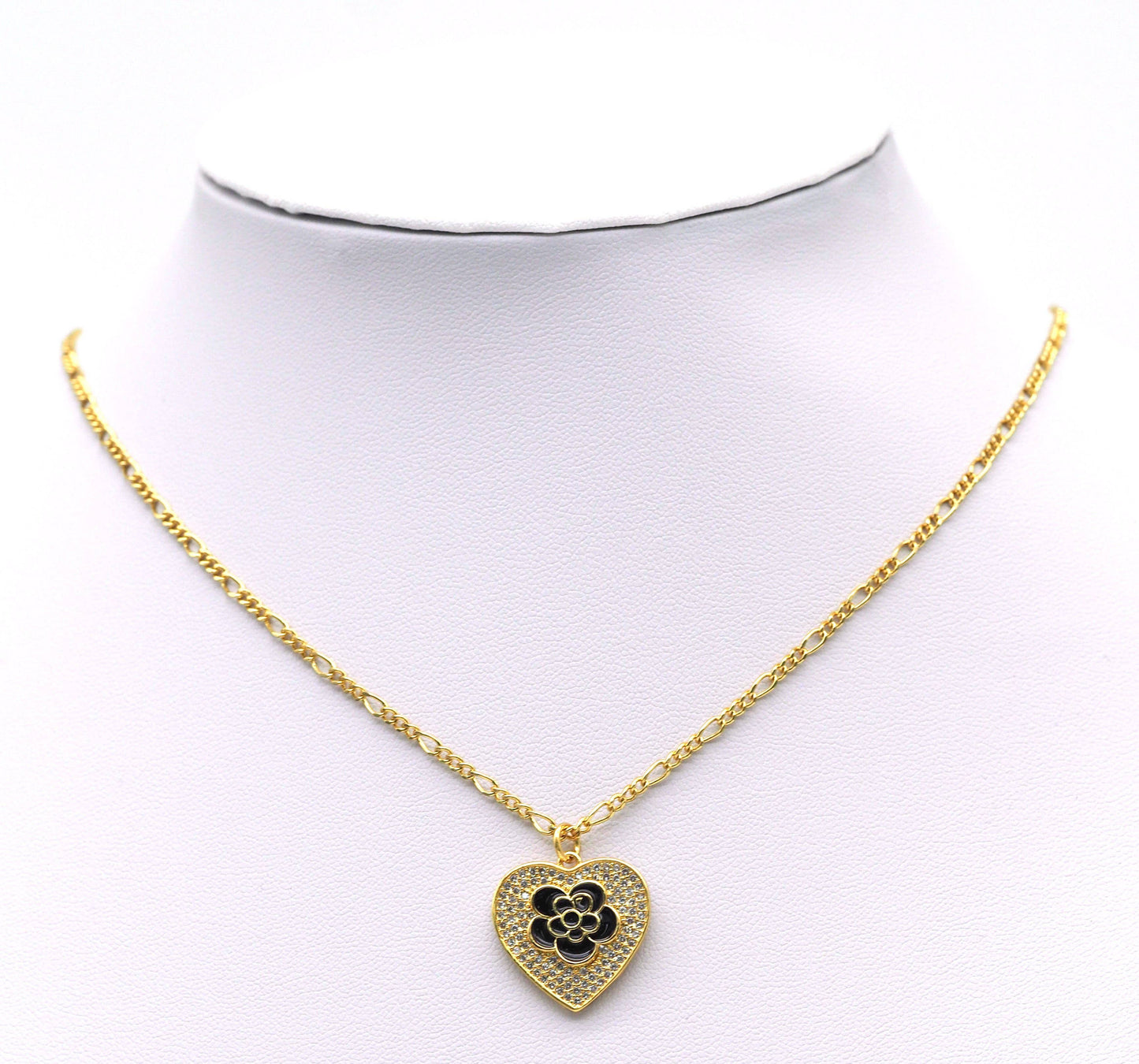 Black White Enamel Rose Flower On CZ Heart Charm, Sku#L671