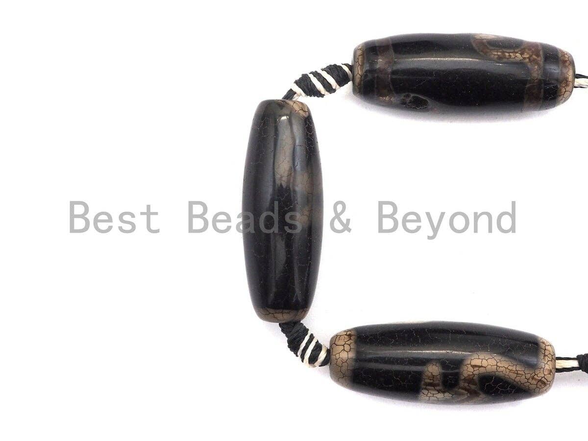 1pc/10pcs Natural Tibetan Agate Beads, Black with White heart Tibetan Long Oval Shape Beads, Dzi Agate Beads, 12x30mm, sku#U536