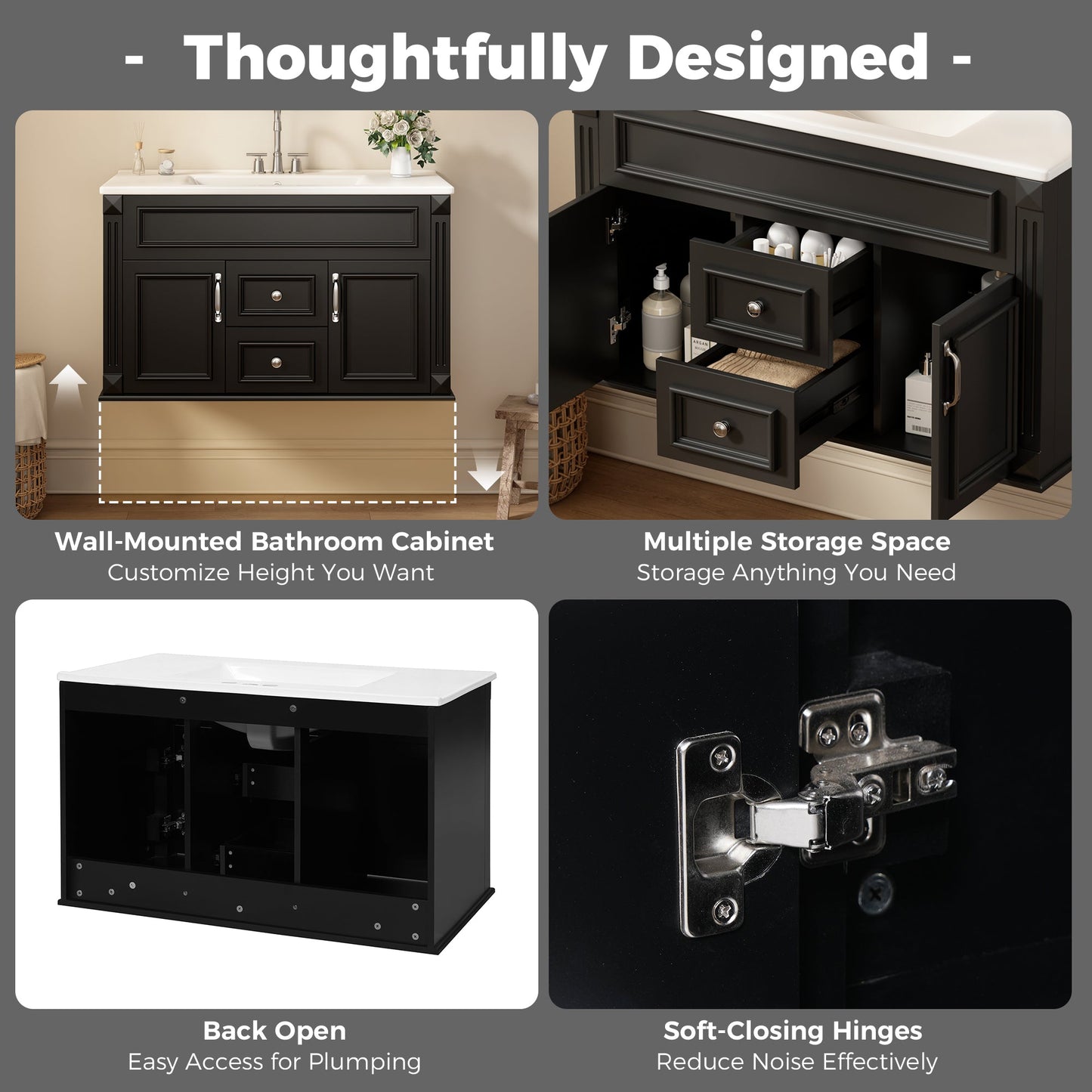 36 Inch Wall Mounted Bathroom Cabinet with Ceramic Sink