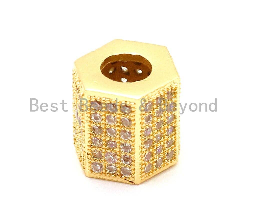 CZ Clear Micro Pave Big Hole Six Sided/hexangular Tube Beads, Cubic Zirconia Spacer Beads,8mm, Sku#G116