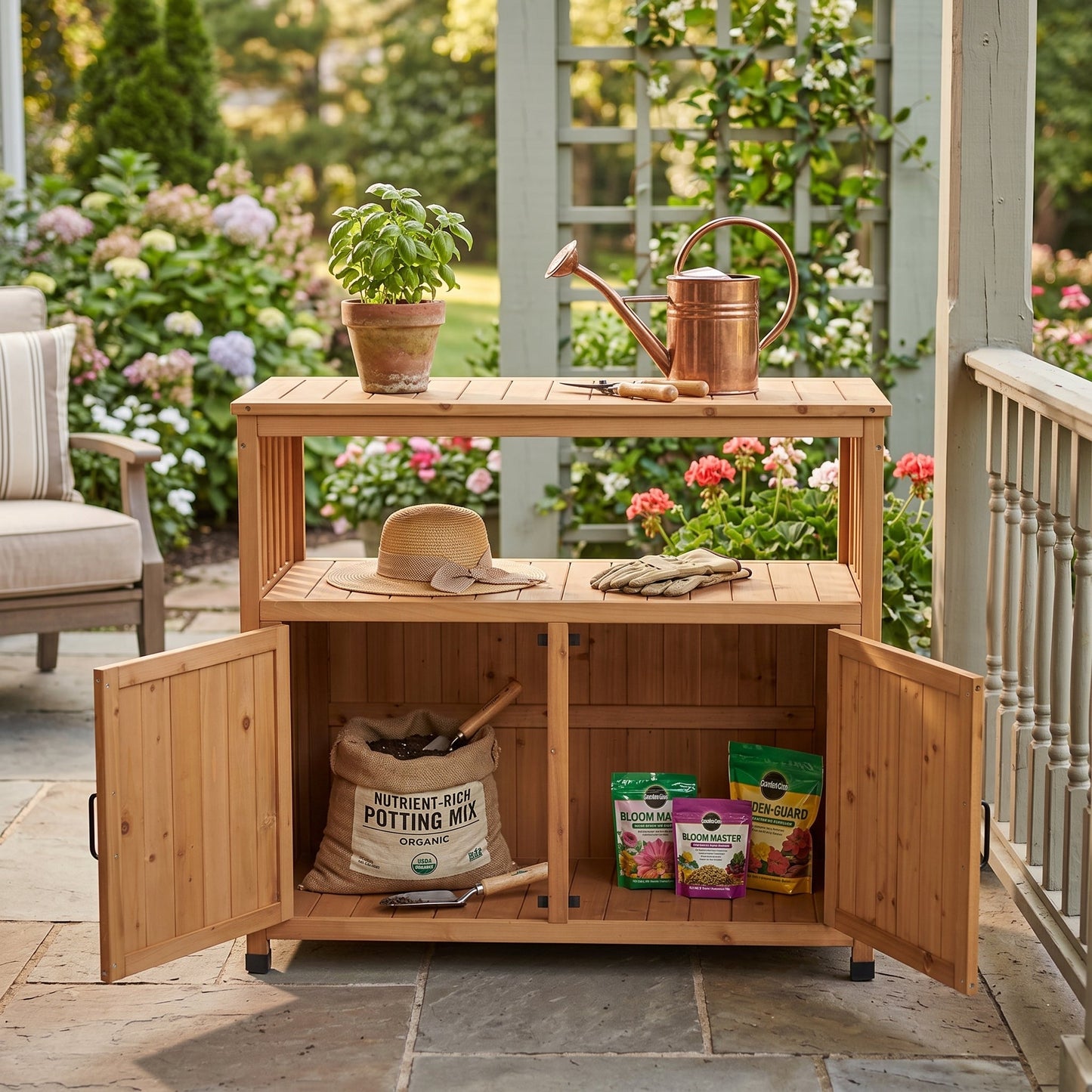 Wooden Patio Bar Table Set with Storage Buffet Cabinet