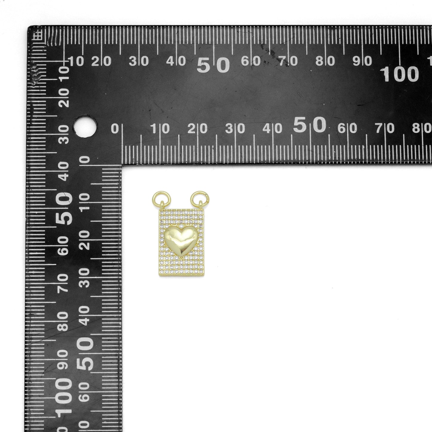 Gold Clear CZ Heart On Rectangle Charm Pendant, Sku#LK984