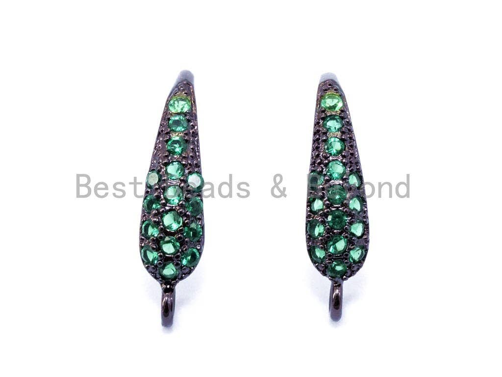 CZ Micro Pave Leaf Earring wire hooks, Green Cobalt Fuchsia Finish on Black Rhodium plated, Earring Findings, 1pair, sku#J17