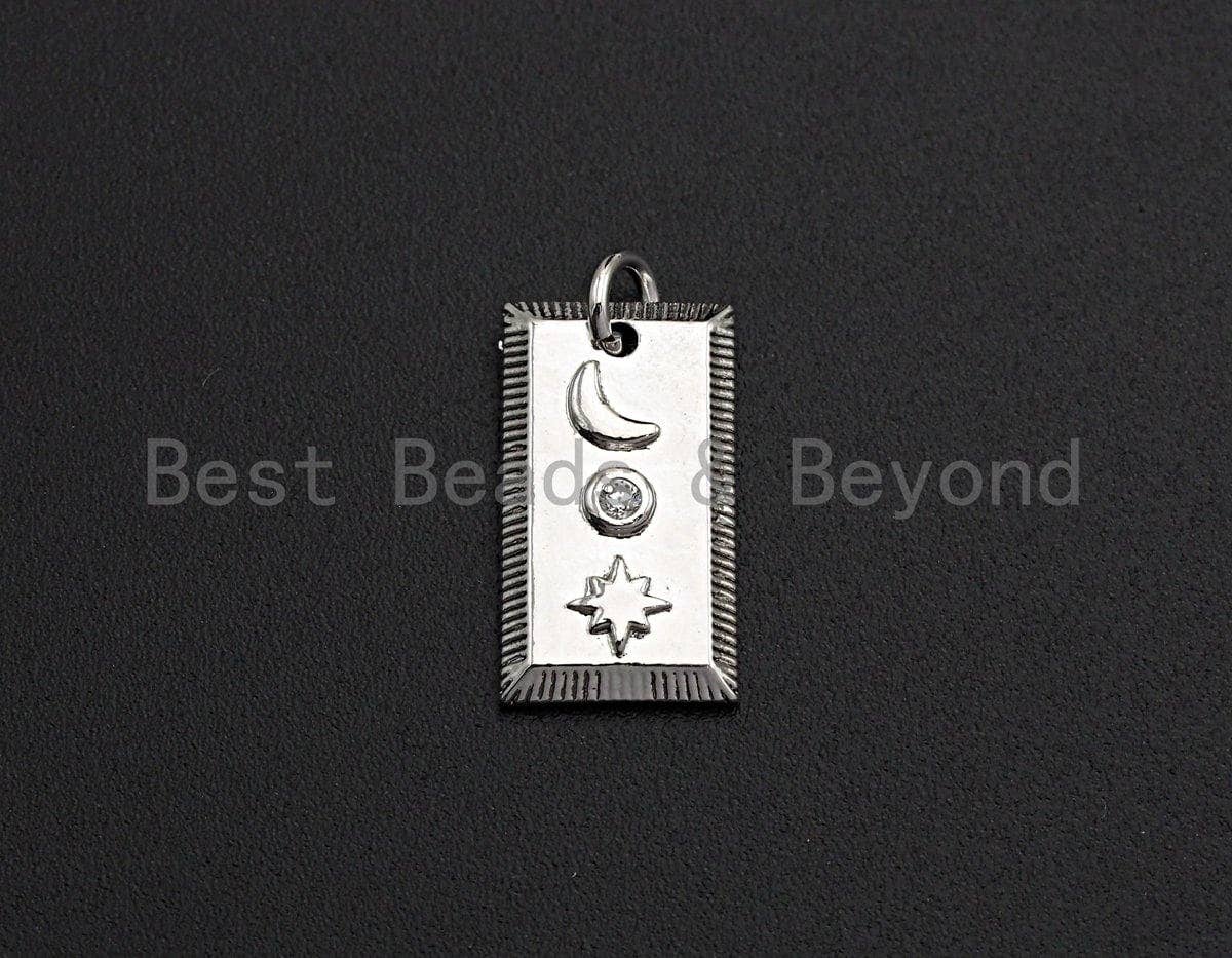 CZ Micro Pave Moon And Star On Rectangle Shaped Pendant/Charm, Cubic Zirconia Pendant Charm,10x18mm,sku#Z556