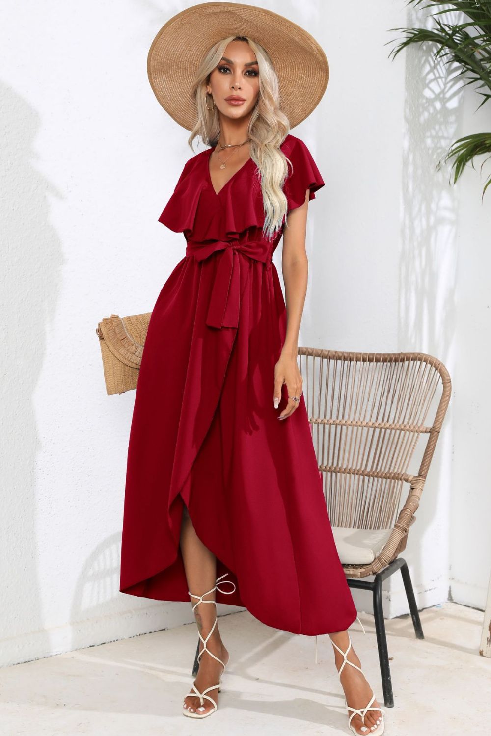 Tied Front Ruffled Short Sleeve Midi Dress