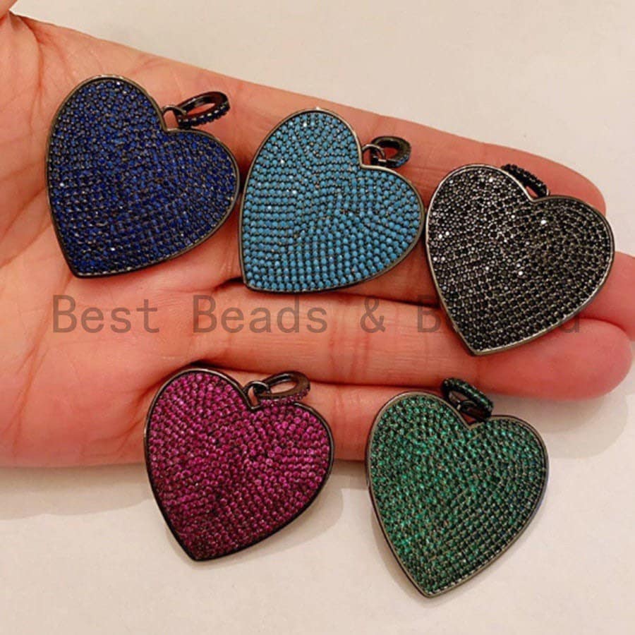 Colored CZ Micro Pave Heart Pendant, Heart Shaped Pave Pendant, Turquoise/Cobalt Blue/Green/Fuchsia/Black,10mm/30mm, Sku#ML100