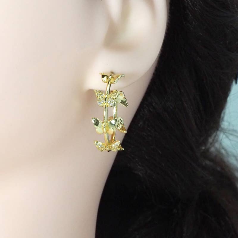 Gold Silver Clear CZ Butterfly Hoop Earring, Sku#LX207